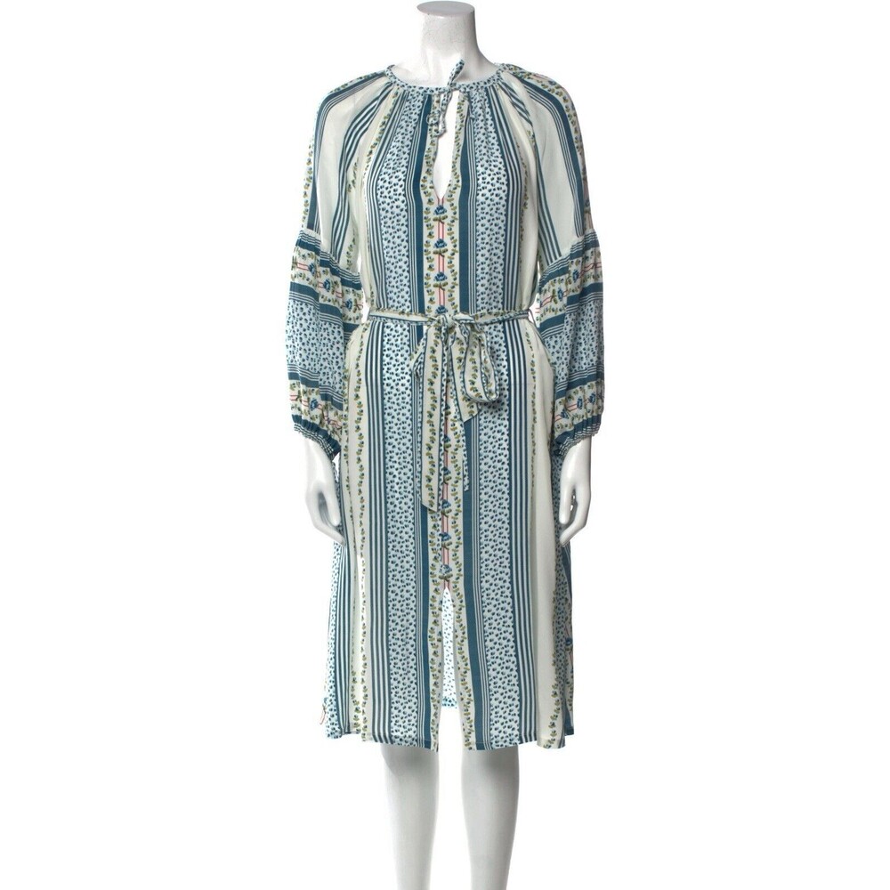 D'Ascoli 100% Silk Midi Dress  XS White/Blue Floral Balloon Sleeve